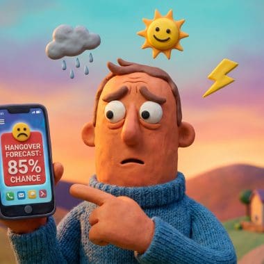Image of hangover risk forecaster tool on smartphone with weather forecast icons
