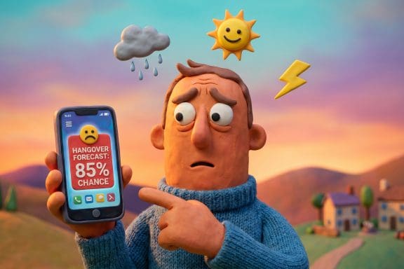 Image of hangover risk forecaster tool on smartphone with weather forecast icons