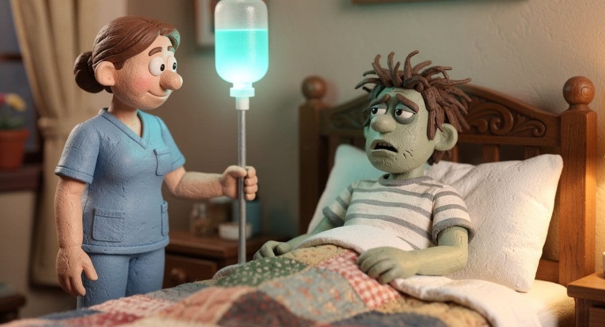 Image of IV therapy for hangovers — mobile nurse delivering hangover IV drip at home.