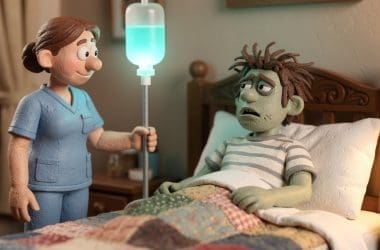 Image of IV therapy for hangovers — mobile nurse delivering hangover IV drip at home.