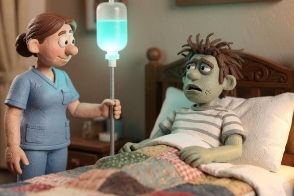Image of IV therapy for hangovers — mobile nurse delivering hangover IV drip at home.