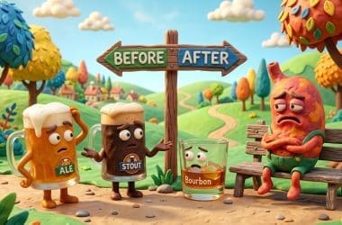 Image of liquor before beer myth showing claymation drinks at a crossroads.