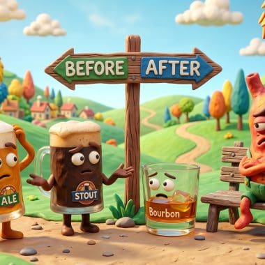 Image of liquor before beer myth showing claymation drinks at a crossroads.