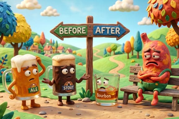 Image of liquor before beer myth showing claymation drinks at a crossroads.