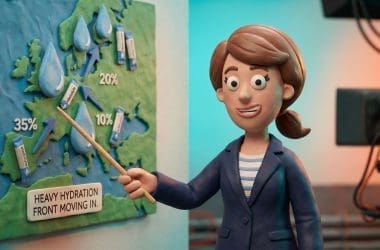 Image of claymation character with hydration calculator water glass and wine glass.