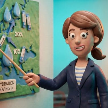 Image of claymation character with hydration calculator water glass and wine glass.