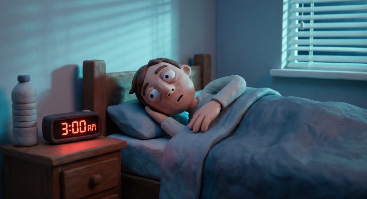Image of sleep after drinking alcohol shown by a claymation character wide awake at 3 AM.