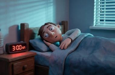 Image of sleep after drinking alcohol shown by a claymation character wide awake at 3 AM.