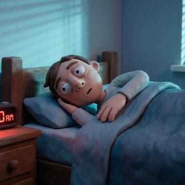 Image of sleep after drinking alcohol shown by a claymation character wide awake at 3 AM.