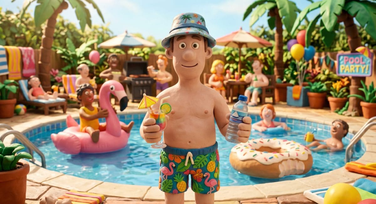 Image of summer hangover prevention at a pool party showing a person alternating between a cocktail and water.