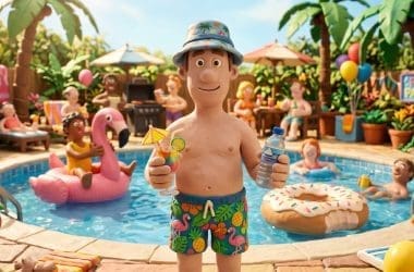 Image of summer hangover prevention at a pool party showing a person alternating between a cocktail and water.