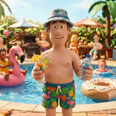Image of summer hangover prevention at a pool party showing a person alternating between a cocktail and water.