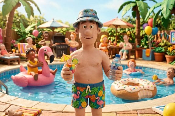 Image of summer hangover prevention at a pool party showing a person alternating between a cocktail and water.