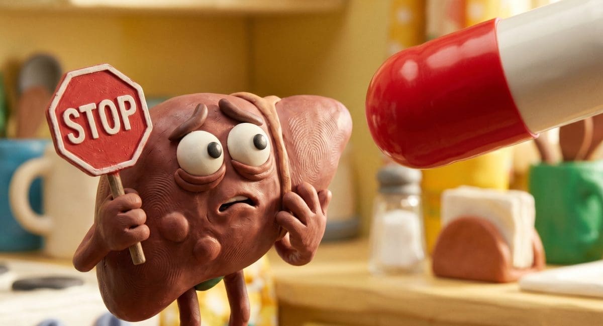 Image of Tylenol for a hangover showing a cartoon liver holding a stop sign.