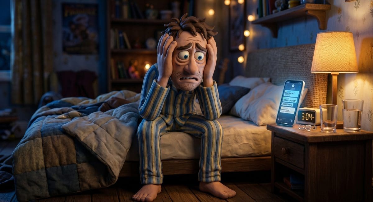 Image of hangxiety — a worried claymation character sitting on a bed at 3 AM experiencing post-drinking anxiety.