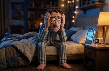 Image of hangxiety — a worried claymation character sitting on a bed at 3 AM experiencing post-drinking anxiety.