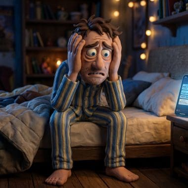 Image of hangxiety — a worried claymation character sitting on a bed at 3 AM experiencing post-drinking anxiety.