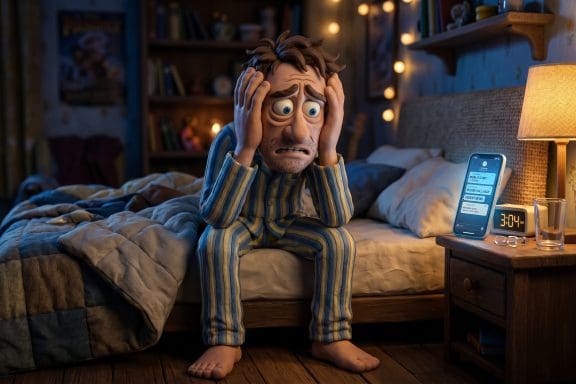 Image of hangxiety — a worried claymation character sitting on a bed at 3 AM experiencing post-drinking anxiety.
