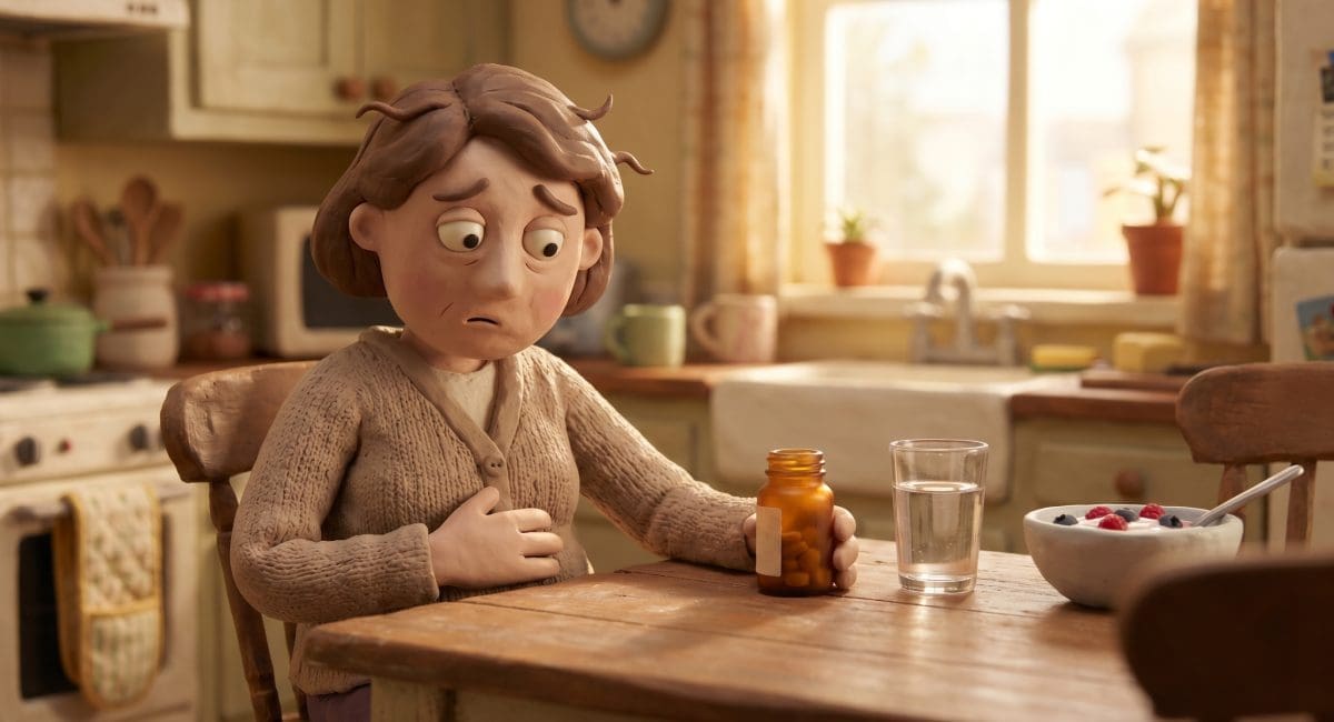 Image of alcohol and your gut — a claymation woman holding her stomach the morning after, eyeing a probiotic bottle