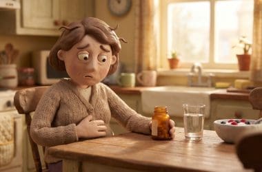 Image of alcohol and your gut — a claymation woman holding her stomach the morning after, eyeing a probiotic bottle