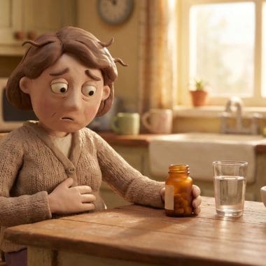 Image of alcohol and your gut — a claymation woman holding her stomach the morning after, eyeing a probiotic bottle