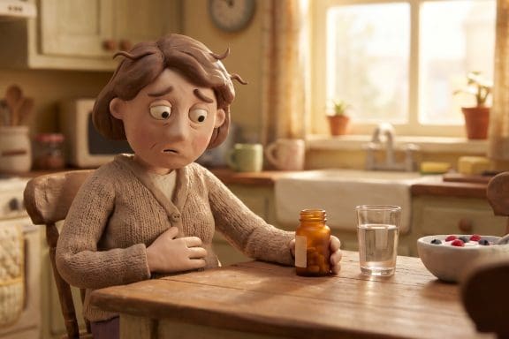 Image of alcohol and your gut — a claymation woman holding her stomach the morning after, eyeing a probiotic bottle