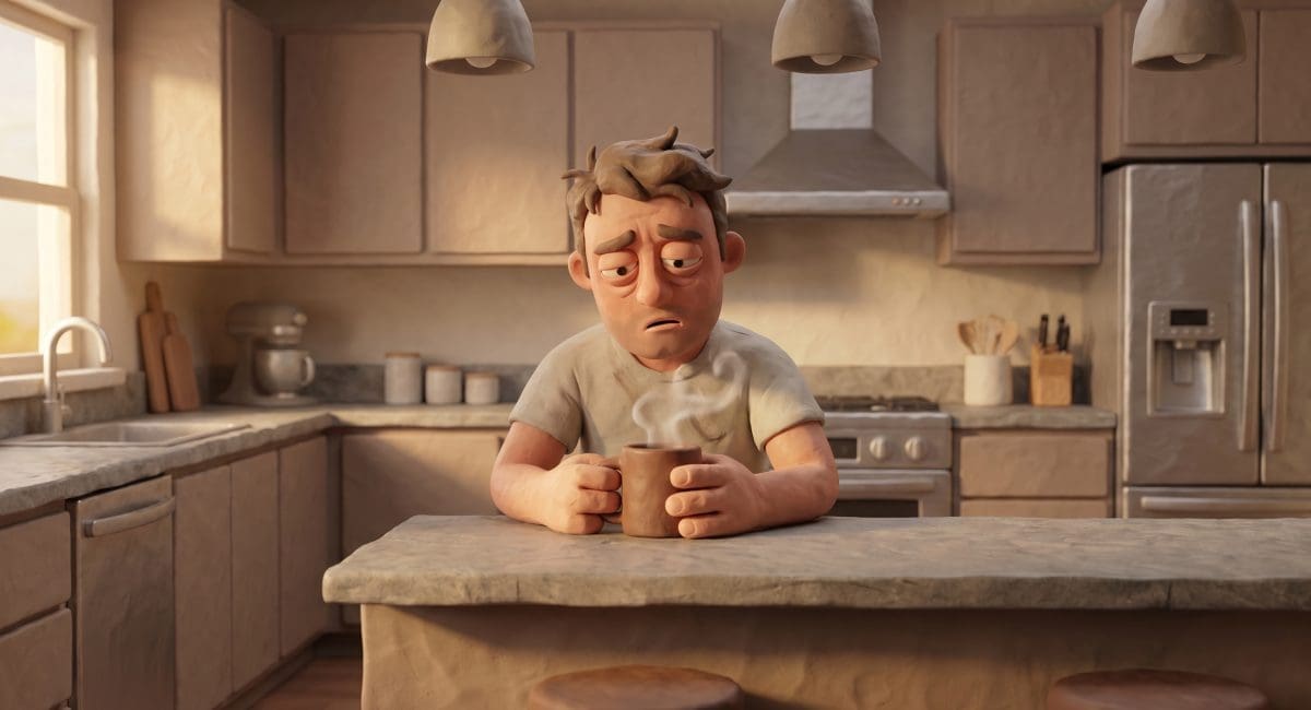 Image of coffee for a hangover — a claymation man cradling a mug of coffee the morning after.