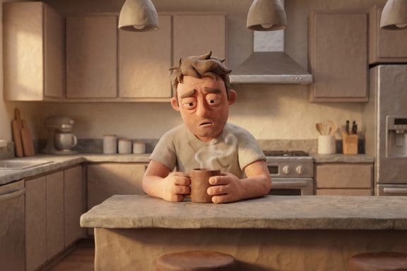 Image of coffee for a hangover — a claymation man cradling a mug of coffee the morning after.