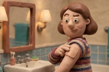 Image of a hangover patch — a claymation woman skeptically applying a small square patch to her arm before a night out.
