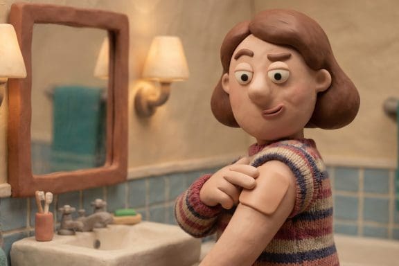 Image of a hangover patch — a claymation woman skeptically applying a small square patch to her arm before a night out.