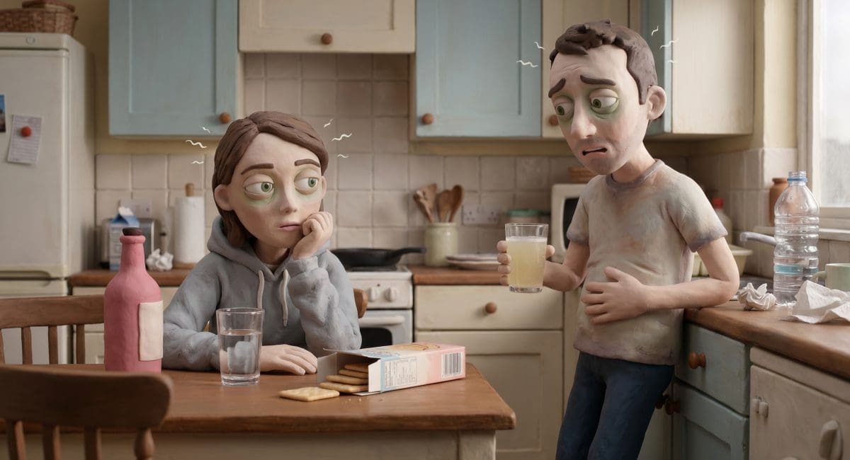 Image of hangover nausea — a man and woman in Aardman claymation style looking queasy together in a morning kitchen, crackers and electrolyte drink on the counter.