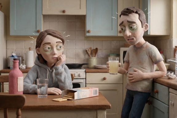 Image of hangover nausea — a man and woman in Aardman claymation style looking queasy together in a morning kitchen, crackers and electrolyte drink on the counter.
