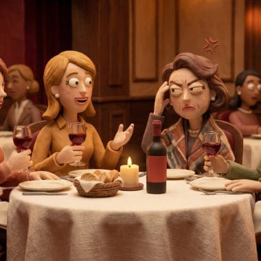 Image of red wine headache — four women at a restaurant dinner table in Aardman claymation style, three laughing and enjoying wine while one presses her hand to her temple with a pained expression.