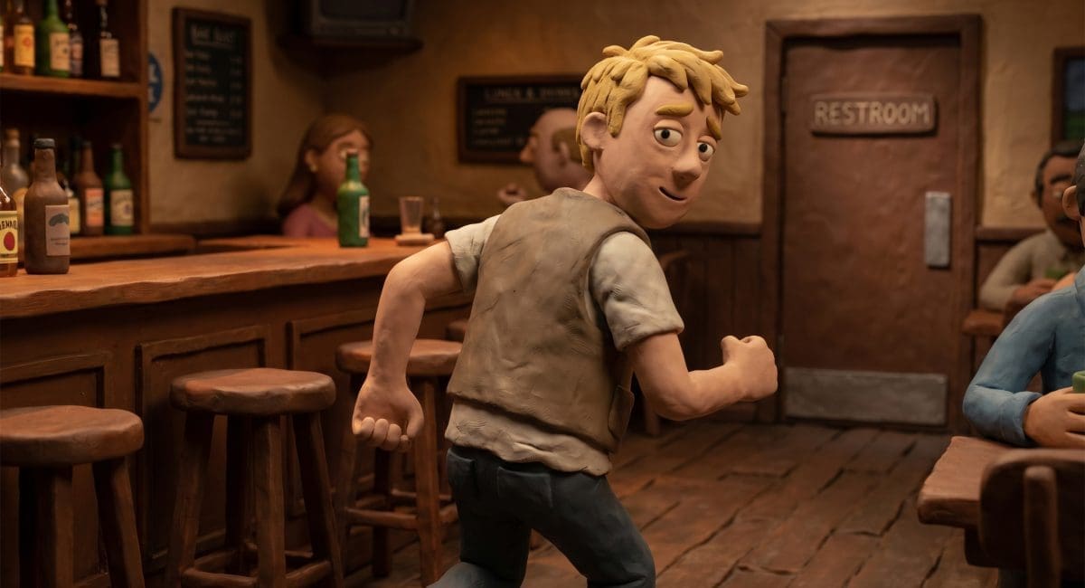 Image of why alcohol makes you pee — a claymation man hurrying to the bar restroom.