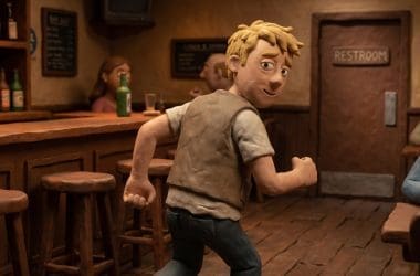 Image of why alcohol makes you pee — a claymation man hurrying to the bar restroom.