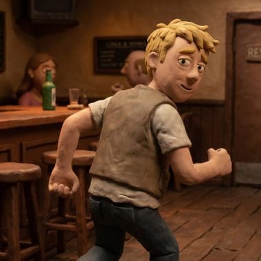 Image of why alcohol makes you pee — a claymation man hurrying to the bar restroom.