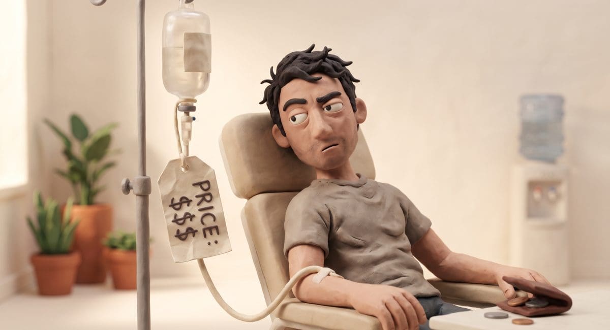 Image of hangover IV drips, a claymation man in a clinic chair beside an IV bag with a dangling price tag the morning after