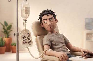 Image of hangover IV drips, a claymation man in a clinic chair beside an IV bag with a dangling price tag the morning after
