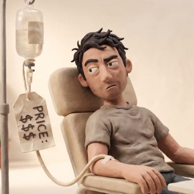 Image of hangover IV drips, a claymation man in a clinic chair beside an IV bag with a dangling price tag the morning after