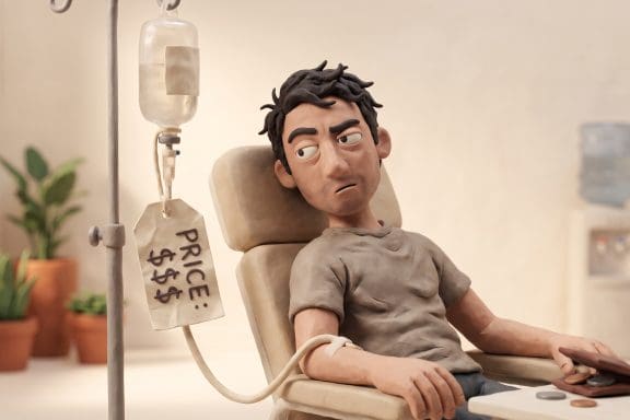 Image of hangover IV drips, a claymation man in a clinic chair beside an IV bag with a dangling price tag the morning after