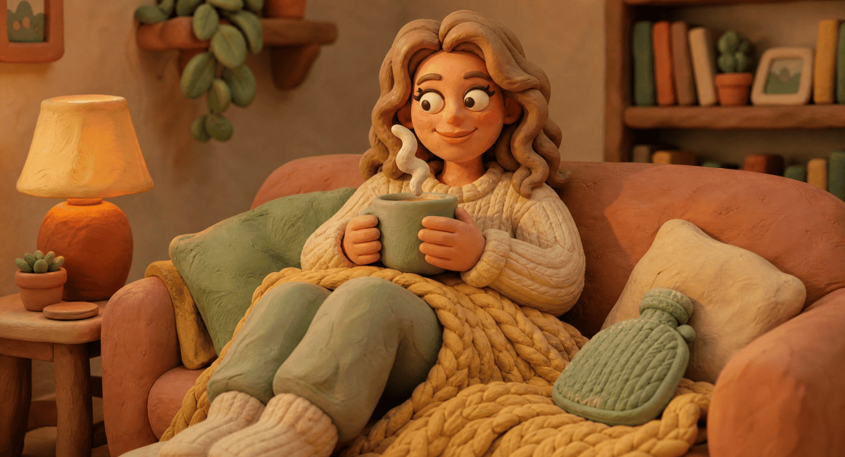 Image of alcohol and your menstrual cycle, a claymation woman resting calmly with tea and a blanket in a cozy living room.
