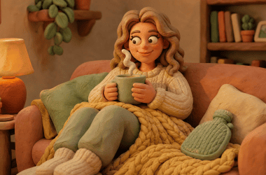 Image of alcohol and your menstrual cycle, a claymation woman resting calmly with tea and a blanket in a cozy living room.