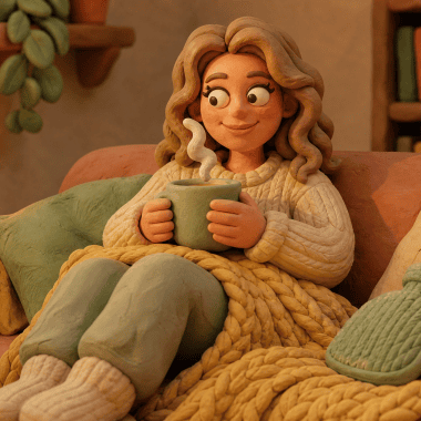 Image of alcohol and your menstrual cycle, a claymation woman resting calmly with tea and a blanket in a cozy living room.