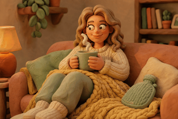 Image of alcohol and your menstrual cycle, a claymation woman resting calmly with tea and a blanket in a cozy living room.