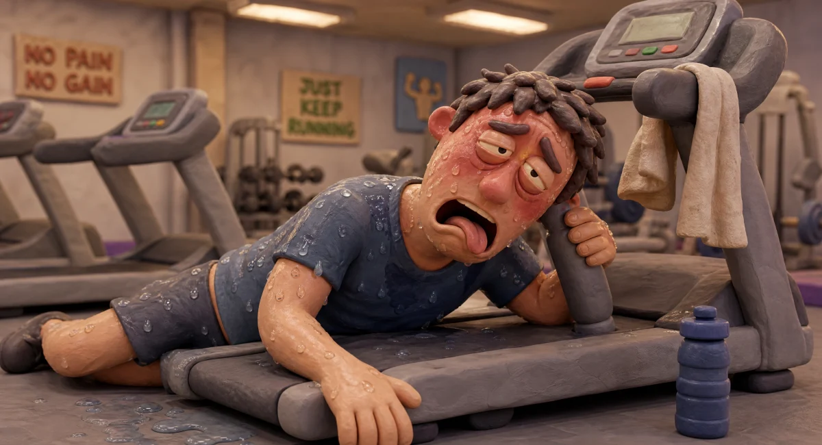 Image of trying to sweat out a hangover, a drenched claymation man collapsed against a gym treadmill the morning after.
