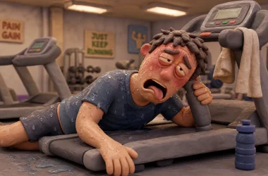 Image of trying to sweat out a hangover, a drenched claymation man collapsed against a gym treadmill the morning after.