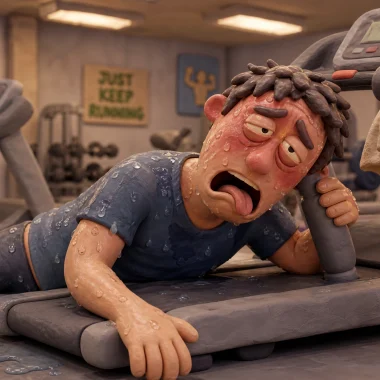 Image of trying to sweat out a hangover, a drenched claymation man collapsed against a gym treadmill the morning after.